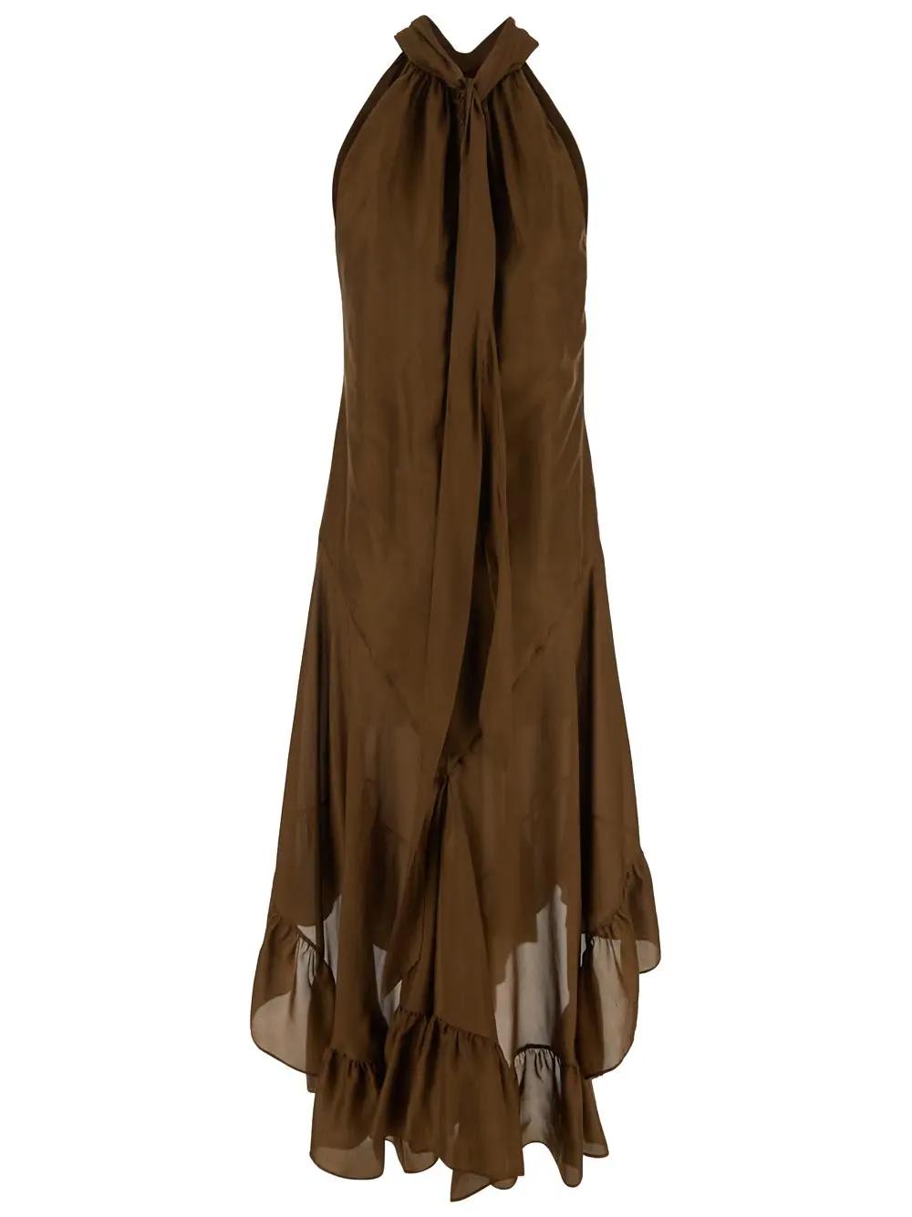 Philosophy Di Lorenzo Serafini Brown Silk Long Dress With Ruffles