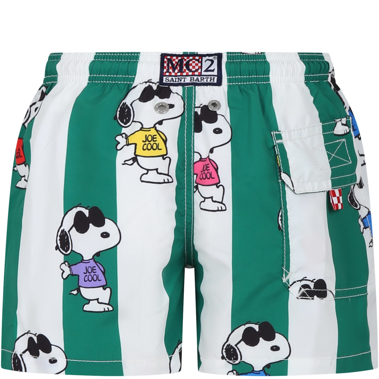 Shop Mc2 Saint Barth Green Swim Shorts For Boy With Snoopy Print