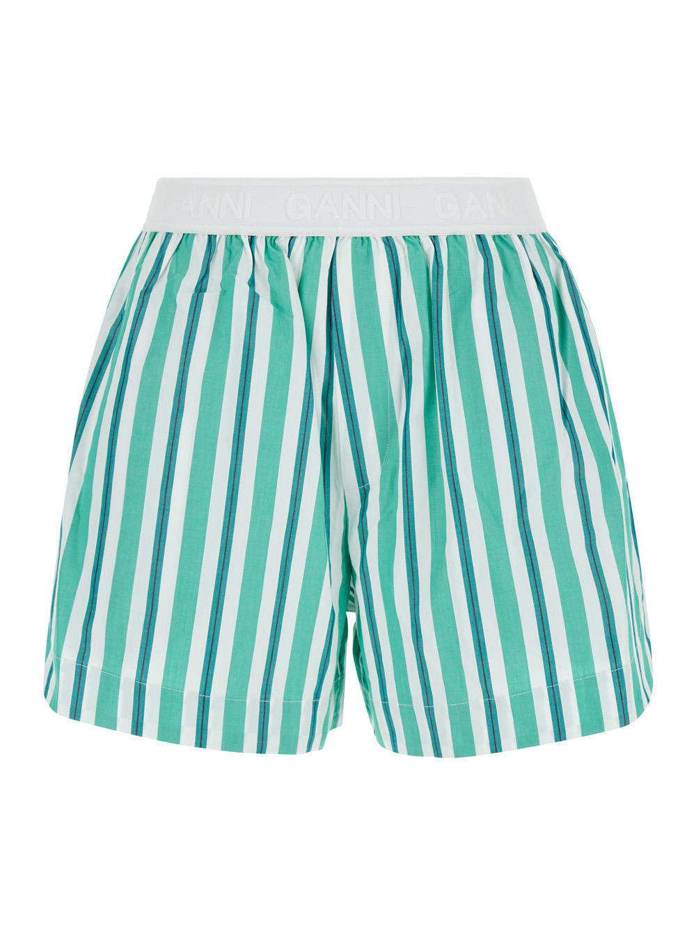 Shop Ganni Green Striped Shorts In Cotton Woman
