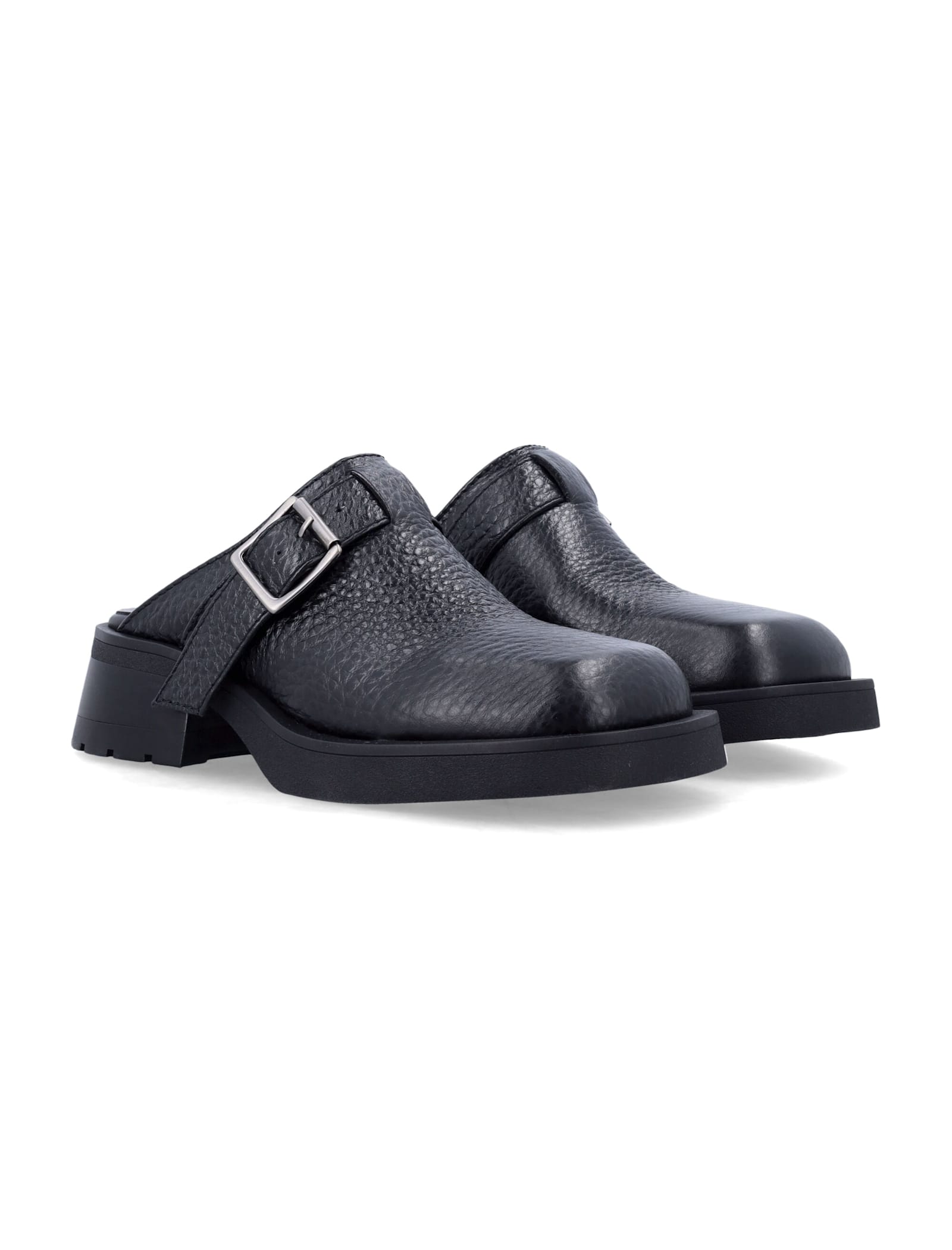 Miista Buckle Chunky Heel Open Back Leather Mules In Black