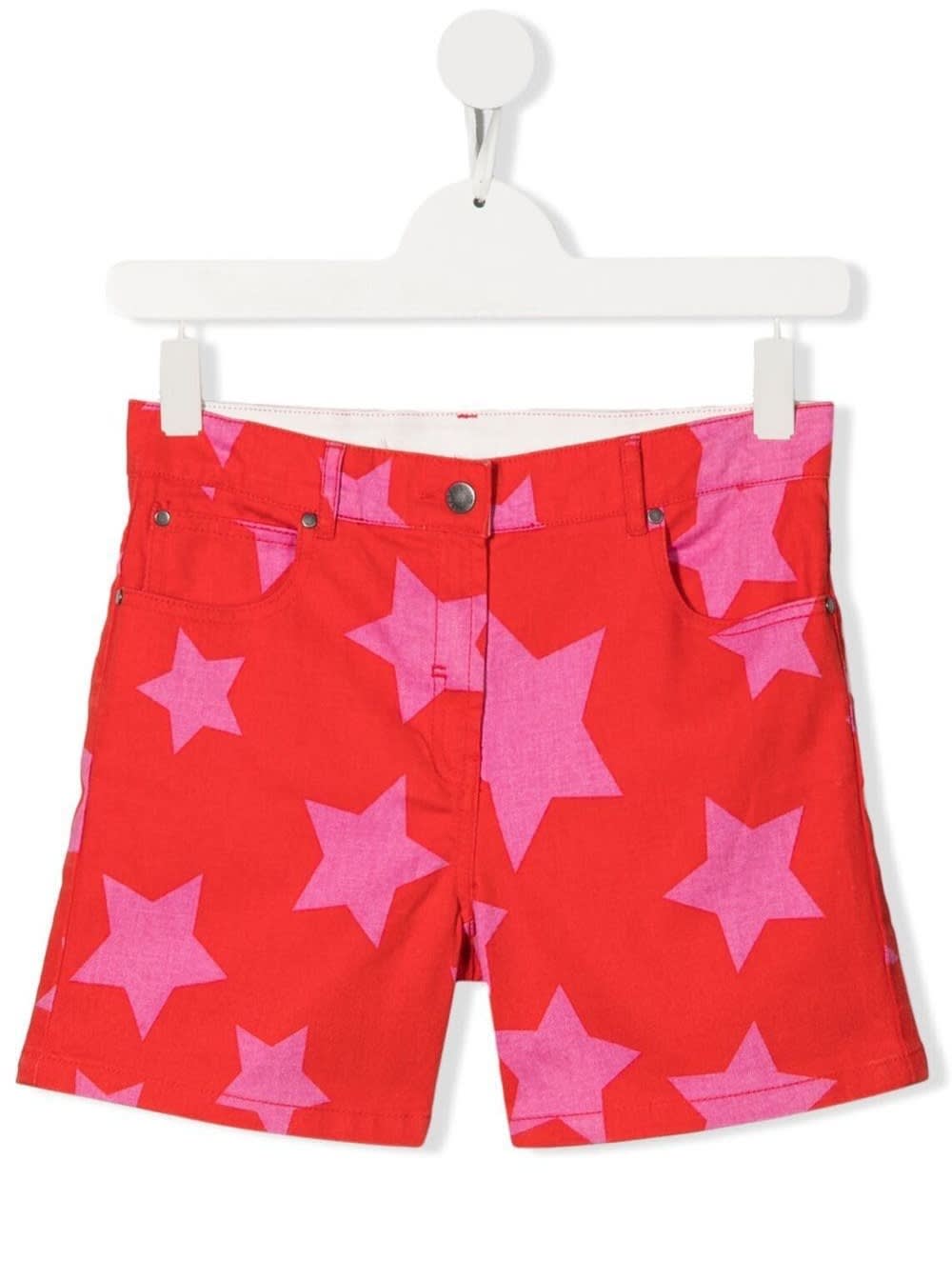 Stella Mccartney Kids Girls Red And Pink Cotton Shorts With Stars Print