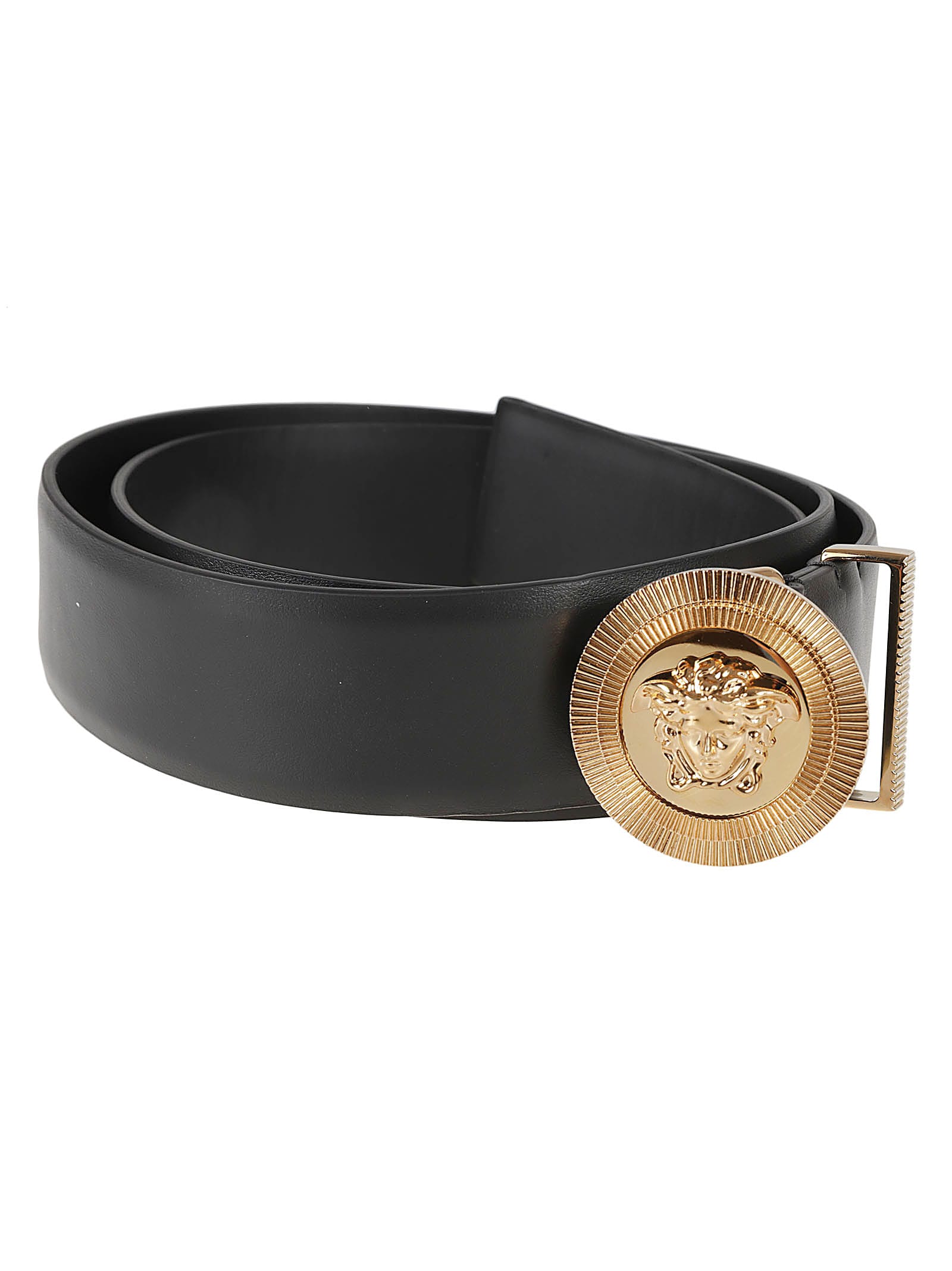 Shop Versace Medusa Buckled Belt In Black/ Gold