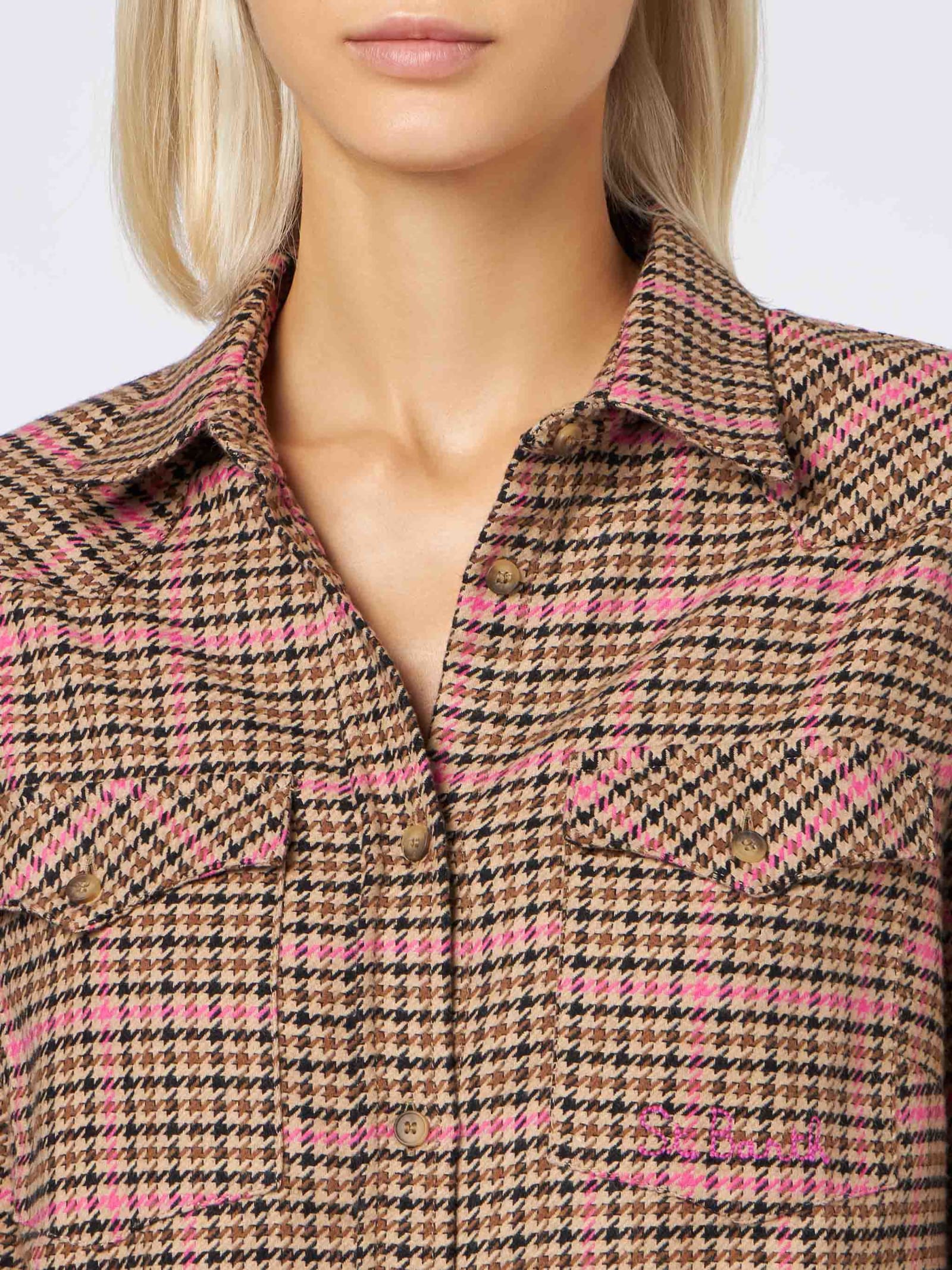 Shop Mc2 Saint Barth Woman Overshirt With Pied De Poule Print In Brown