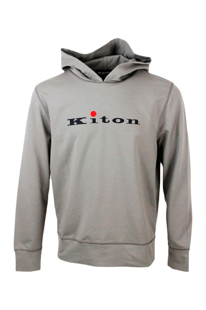 Kiton Hooded Sweatshirt In Soft And Fine Stretch Cotton With Long Sleeves In Beige - Dove