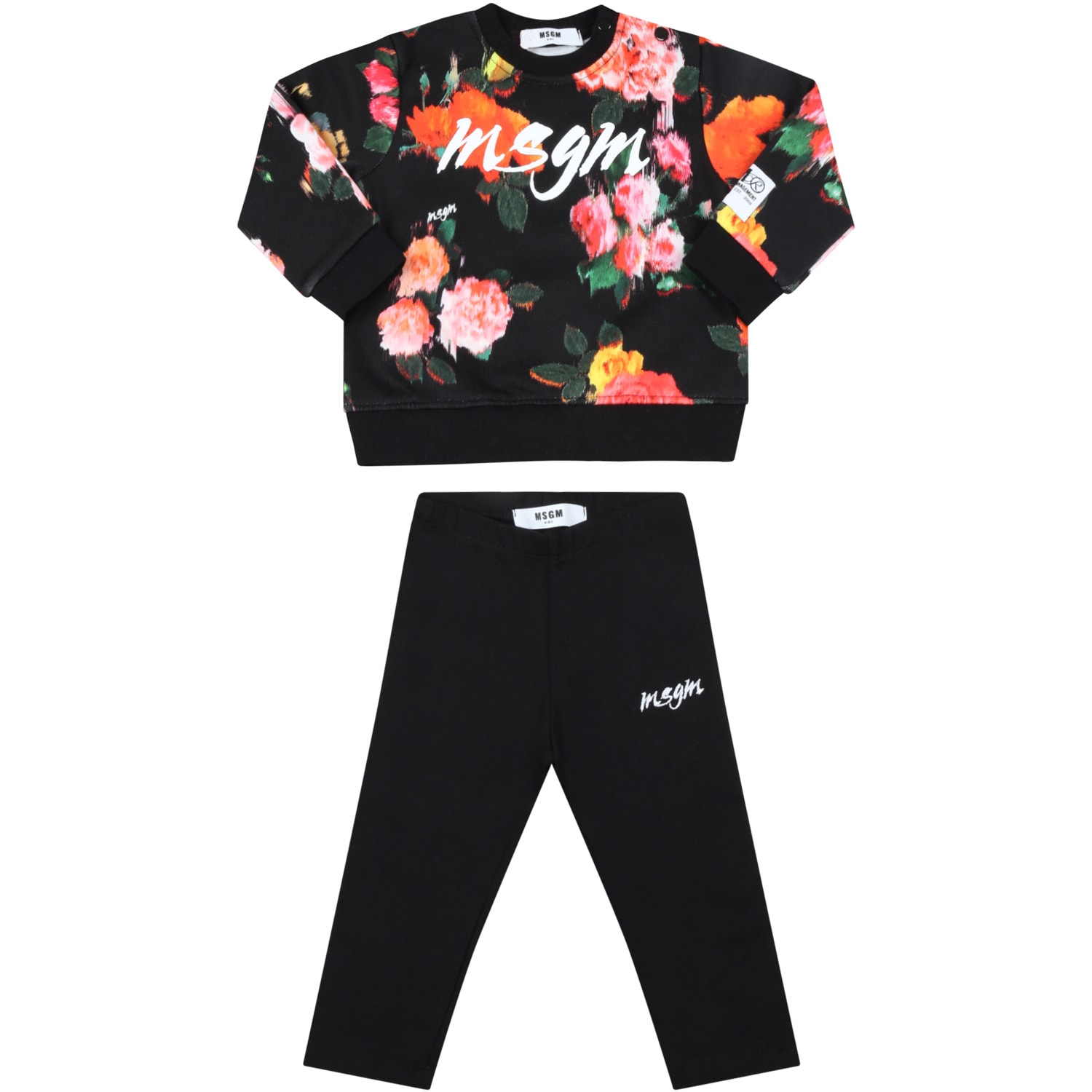 MSGM Black Tracksuit For Baby Girl With Flowers And Logo