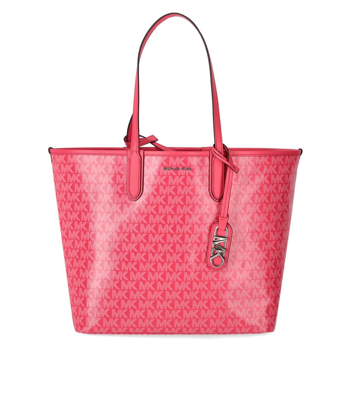 MICHAEL KORS BIG PINK TOTE BAG WITH ALL-OVER MONOGRAM AND LOGO CHARM IN FAUX LEATHER WOMAN