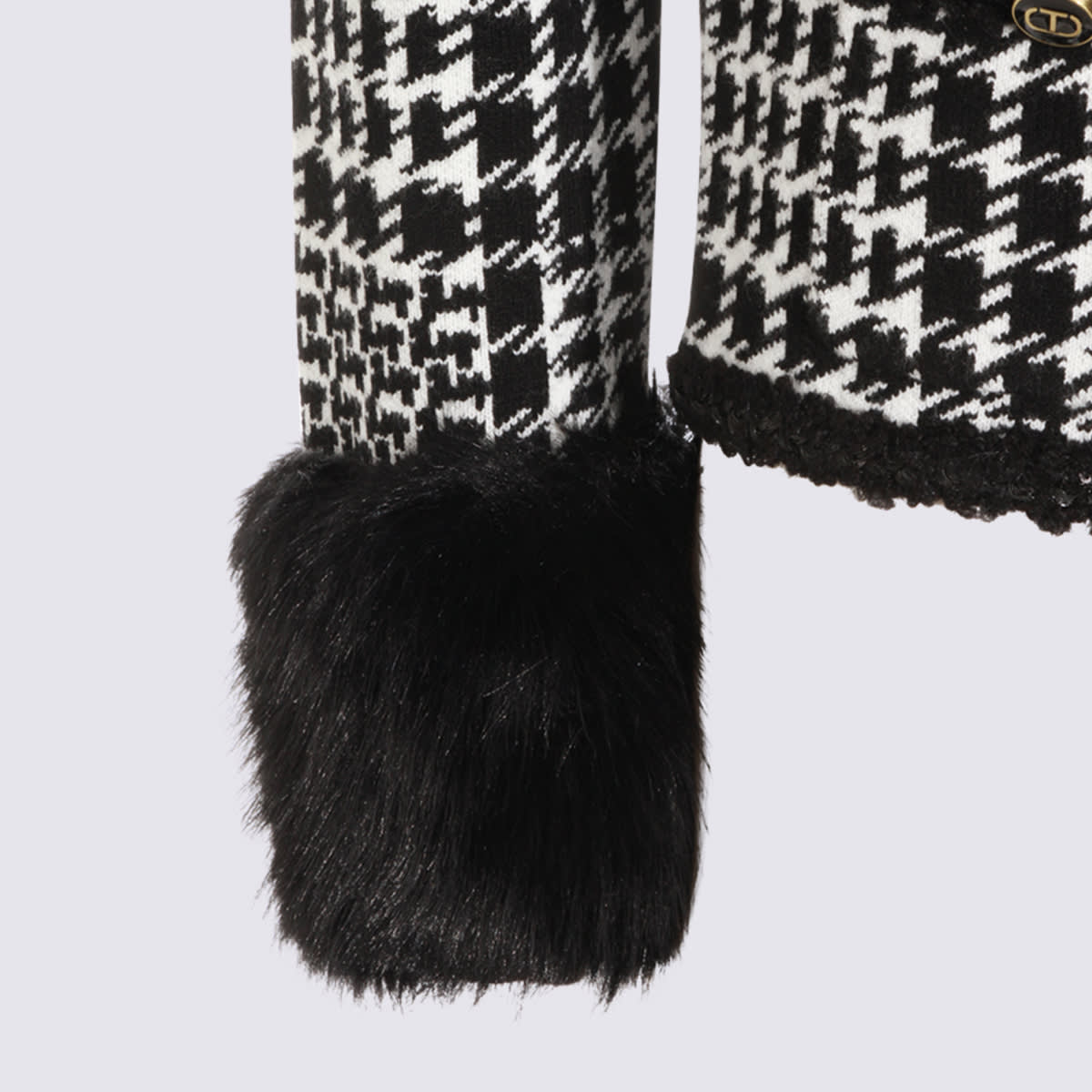 Twinset Houndstooth Pattern Jacket With Faux Fur Accents In Black
