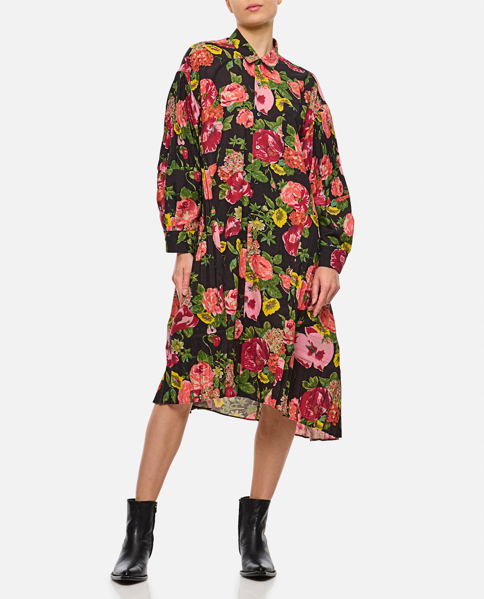 Shop Junya Watanabe Flower Pattern Printed Shirt Dress In Black