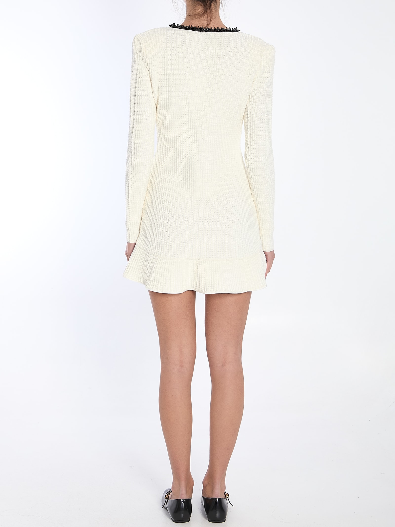 Self-portrait Textured White Dress With Beaded V-neckline In Multi
