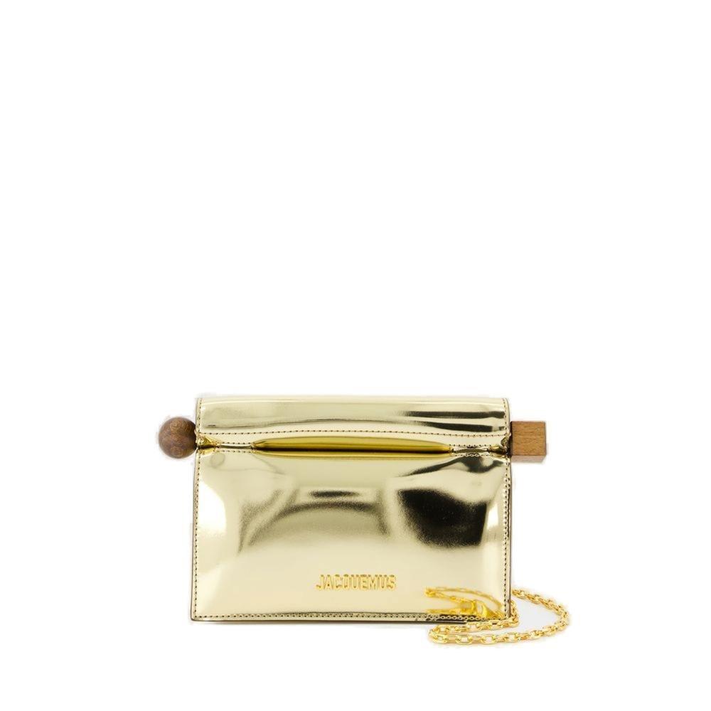 Shop Jacquemus Logo Plaque Metallic Clutch Bag In Golden