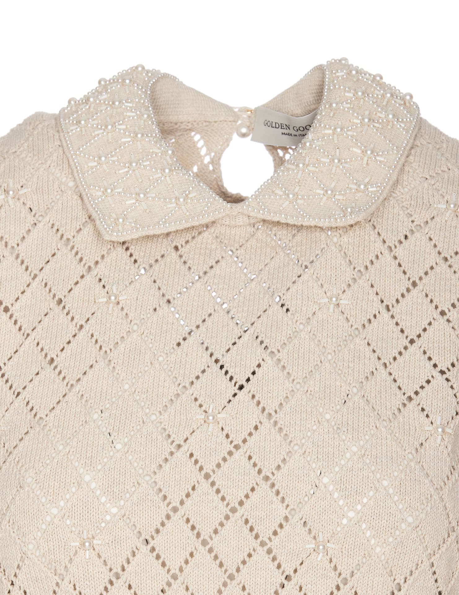 Shop Golden Goose Cropped Sweater With Pearl Embroidery In Beige