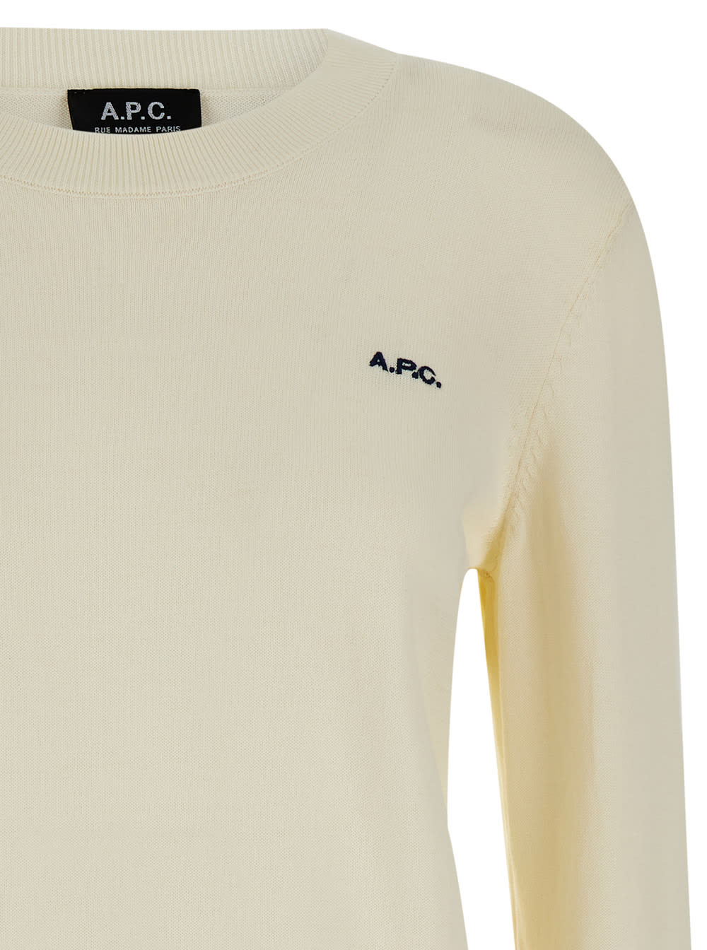 Shop Apc Cream White Crewneck Sweater With Embroidered Logo In Cotton Woman In Aad Ecru