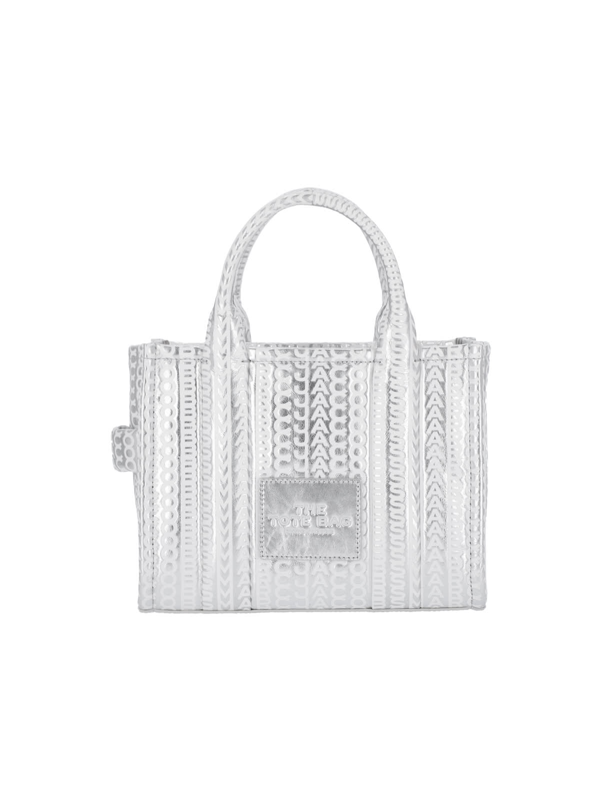 Shop Marc Jacobs Mini Tote Bag The Monogram Metallic In Silver/white