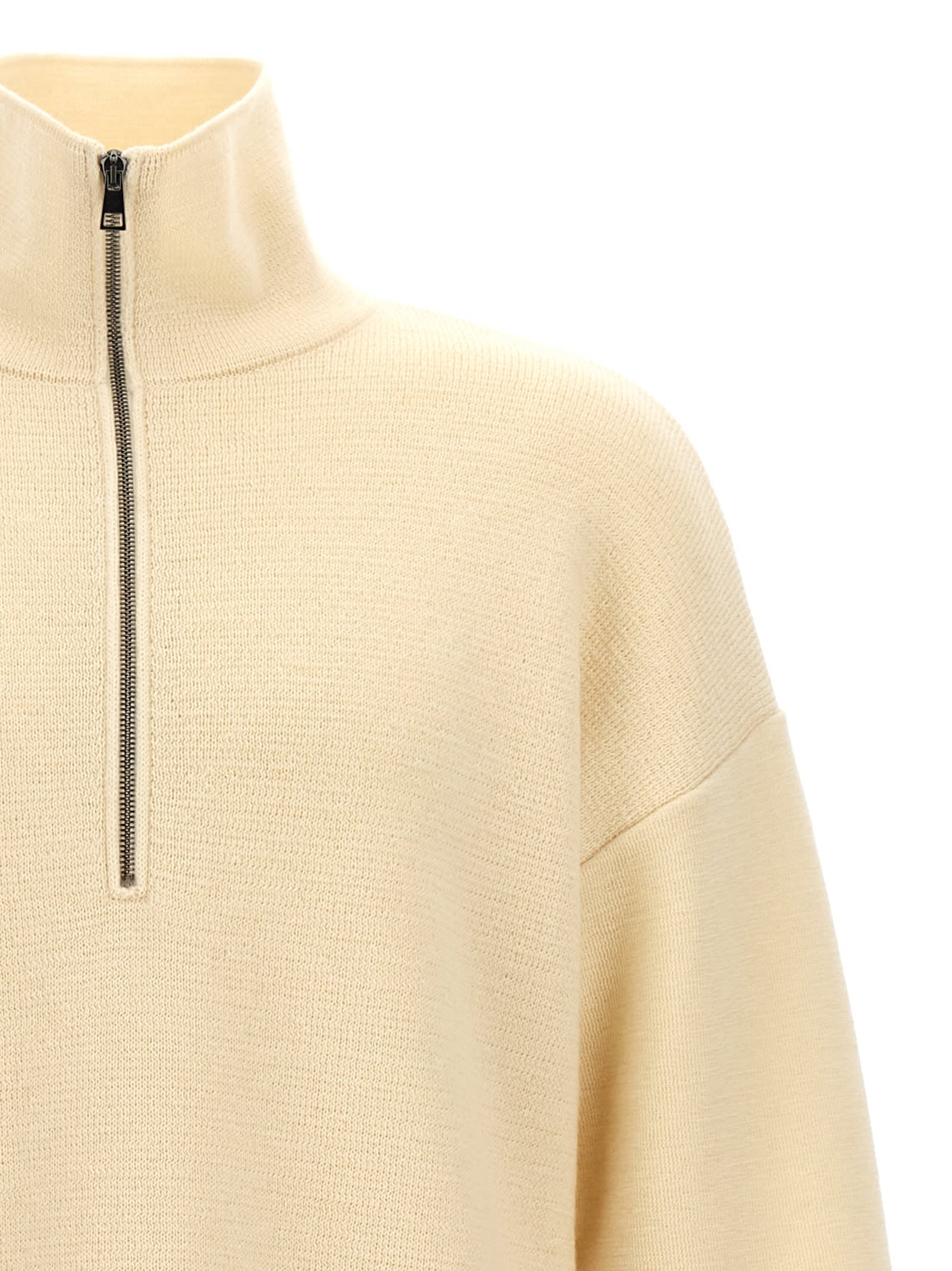 Ma'ry'ya Half Zip Wool Sweater With Cuffed Sleeves And Relaxed Fit In White