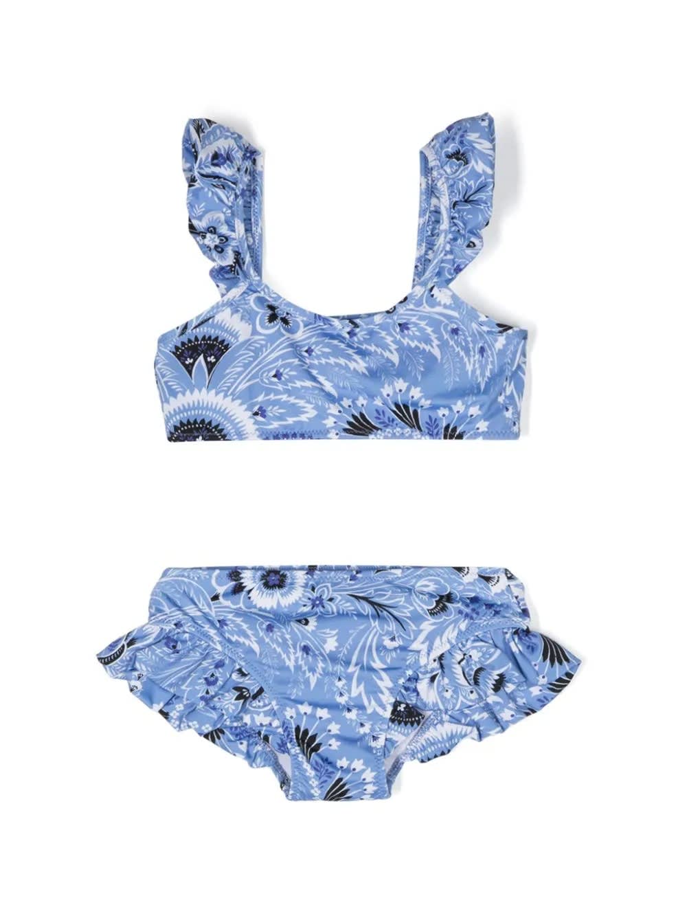Shop Etro Light Blue Bikini With Ruffles And Paisley Motif