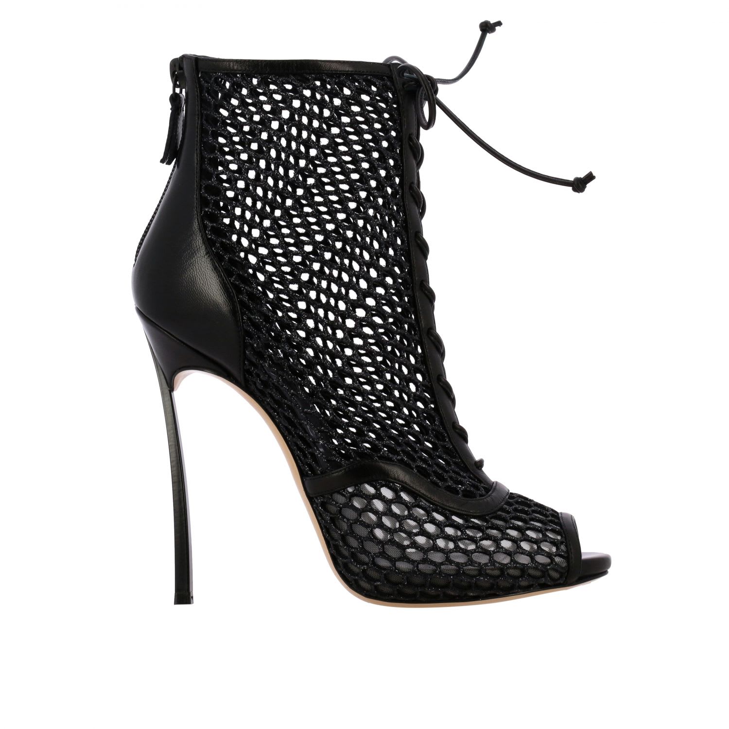 Casadei Blunt Ankle Boot With Blade Heel In Mesh And Leather In Black