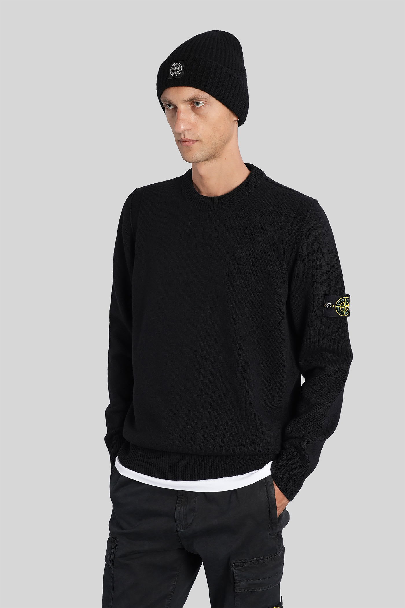 Stone Island Stretch Wool Crewneck Sweater With Reverse Stitch Details In Black