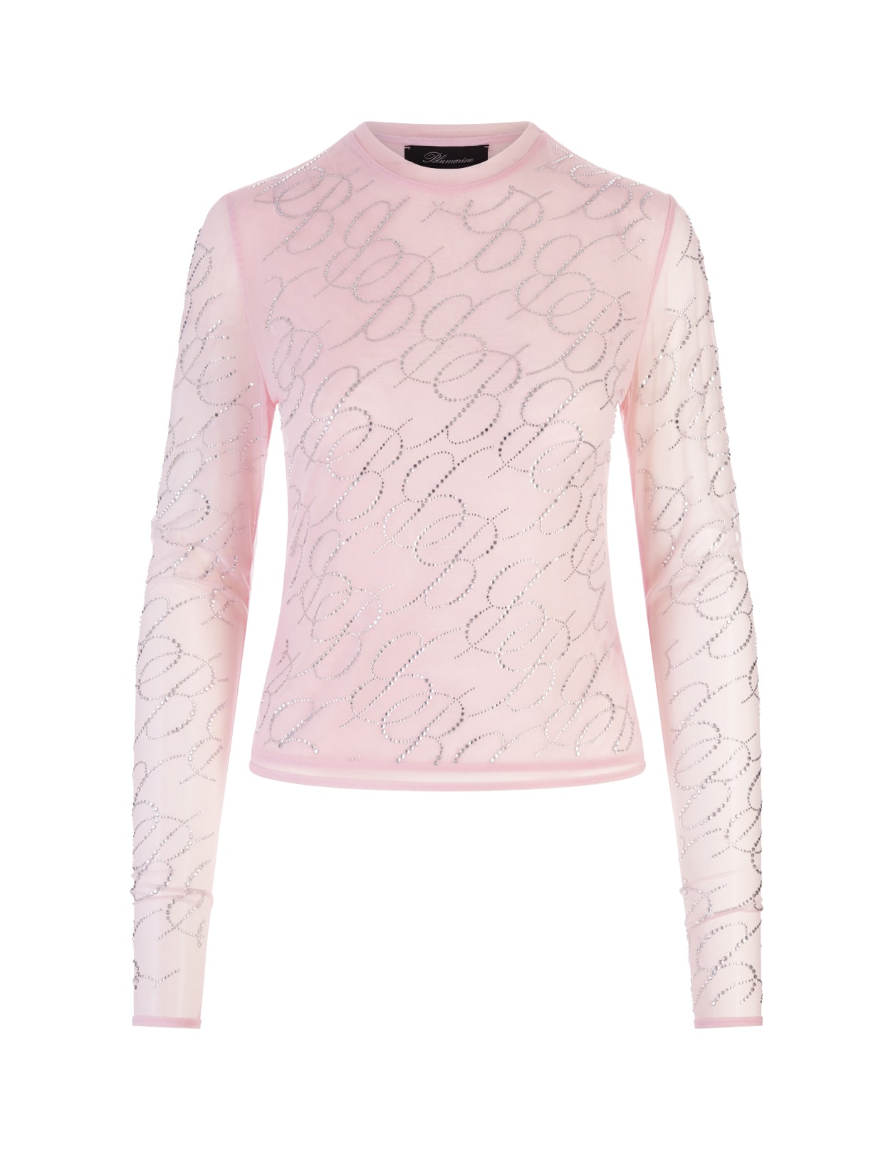 Blumarine Woman Pink Tulle T-shirt With All-over Rhinestone Logo Embroidery