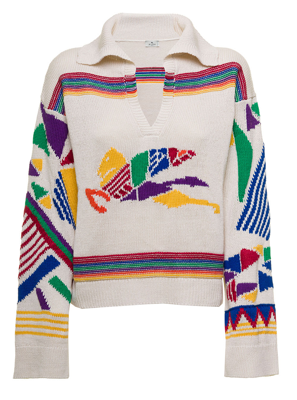 Etro Womans Cotton And Linen Ikat Printed Sweater
