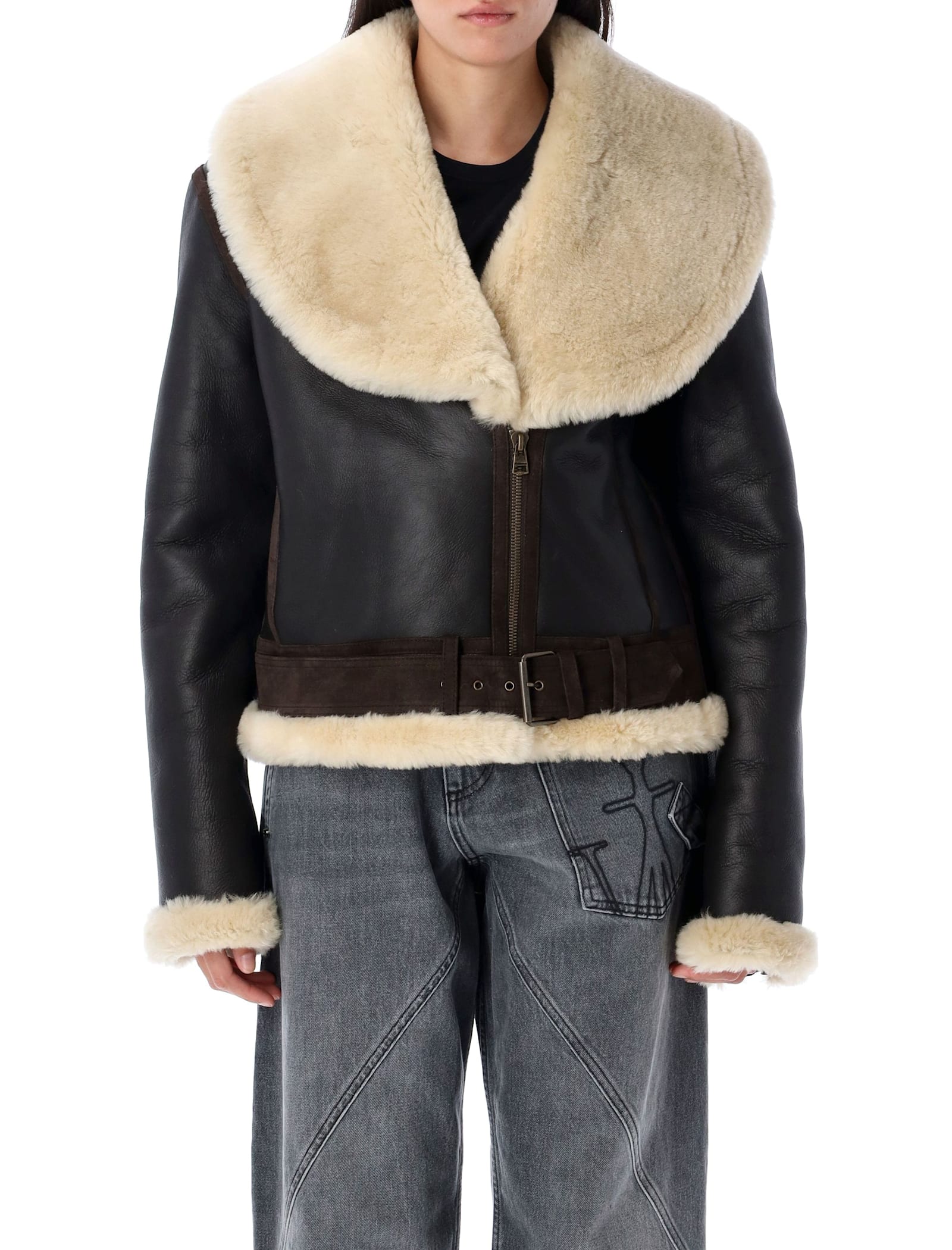 Jw Anderson Leather Aviator Jacket In Brown