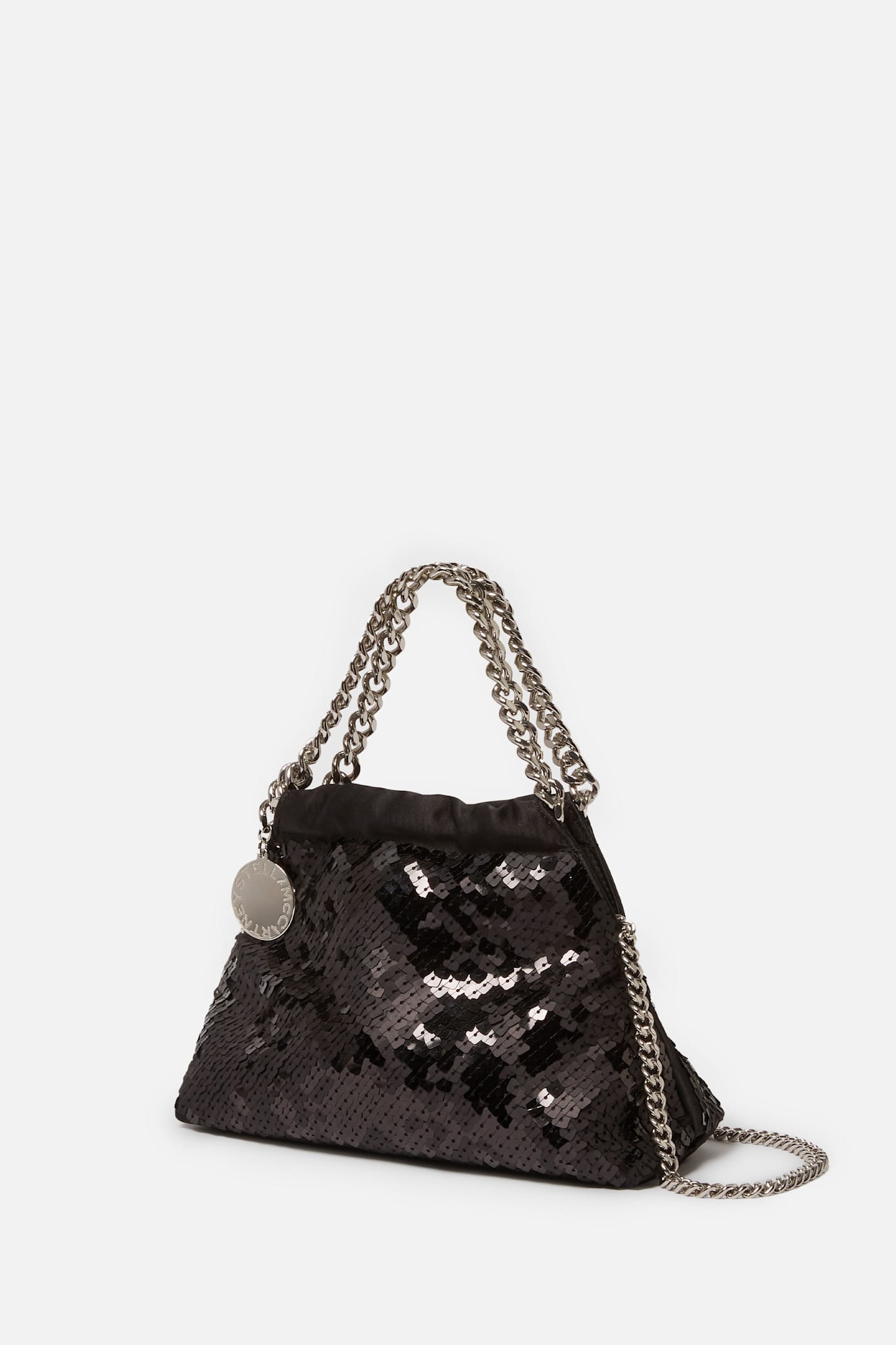 Stella Mccartney Falabella Mini Drawstring Bag Pixel Snake Sequins Embroidery In Black