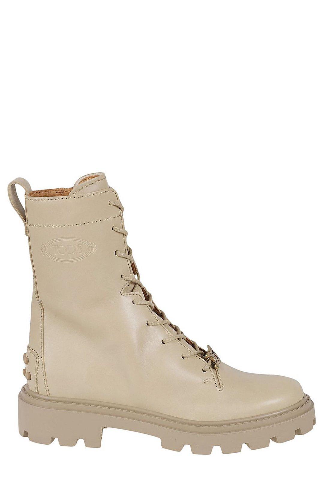 Tod's Logo-plaque Lace-up Ankle Boots In White