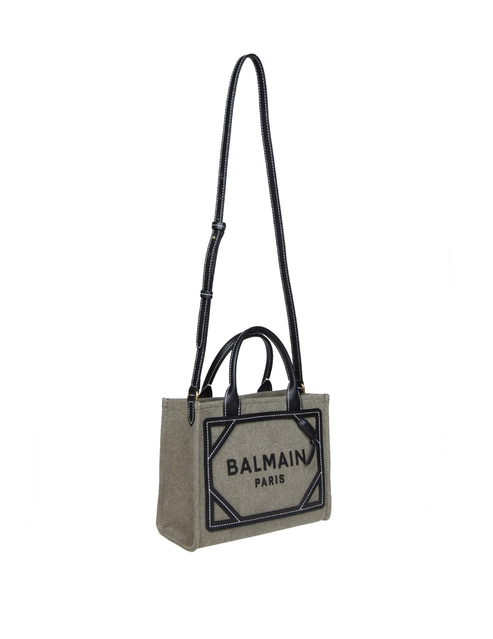 Shop Balmain B-army Shopper Bag In Canvas With Logo In Kaki/noir