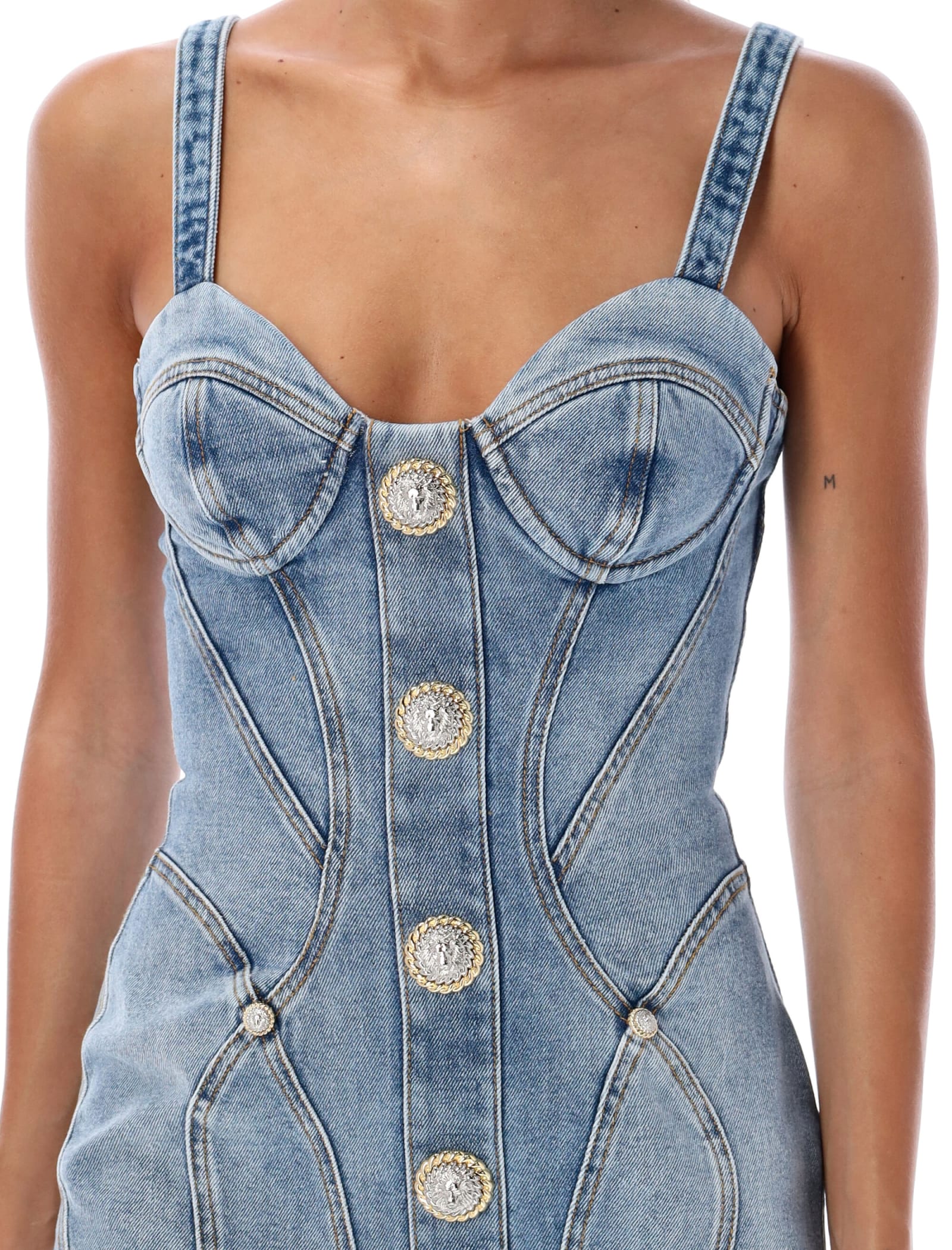 Shop Balmain Mini Denim Dress Bustier In Light Blue