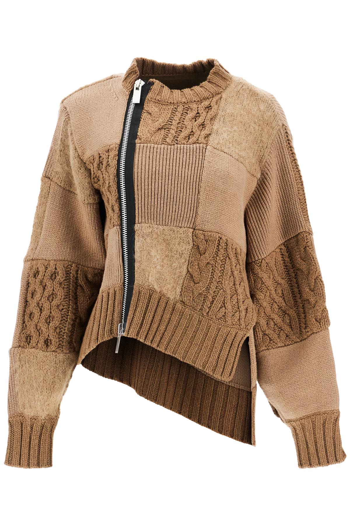 Shop Sacai Patchwork Zip-up Jersey Shirt In Beige (brown)