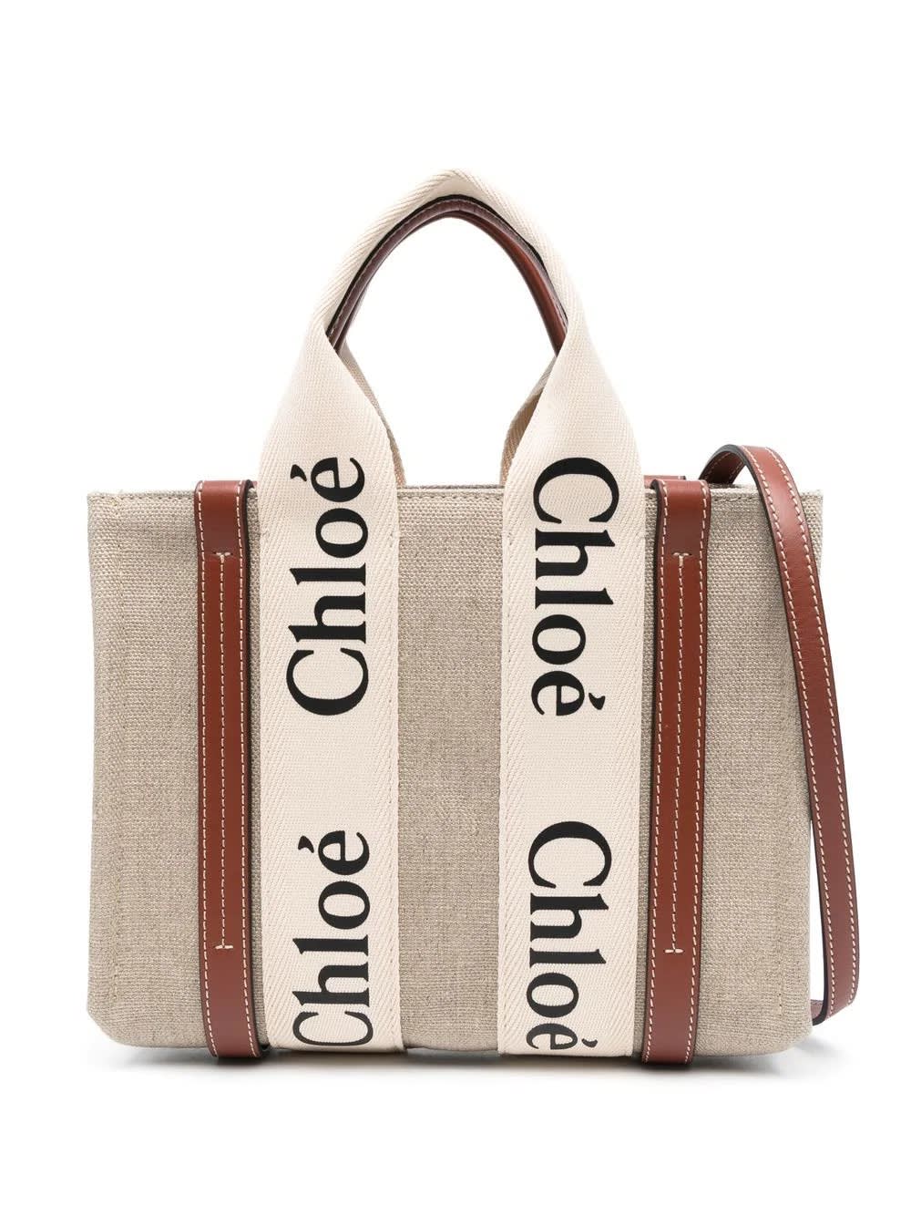 Shop Chloé White And Brown Woody Small Tote Bag