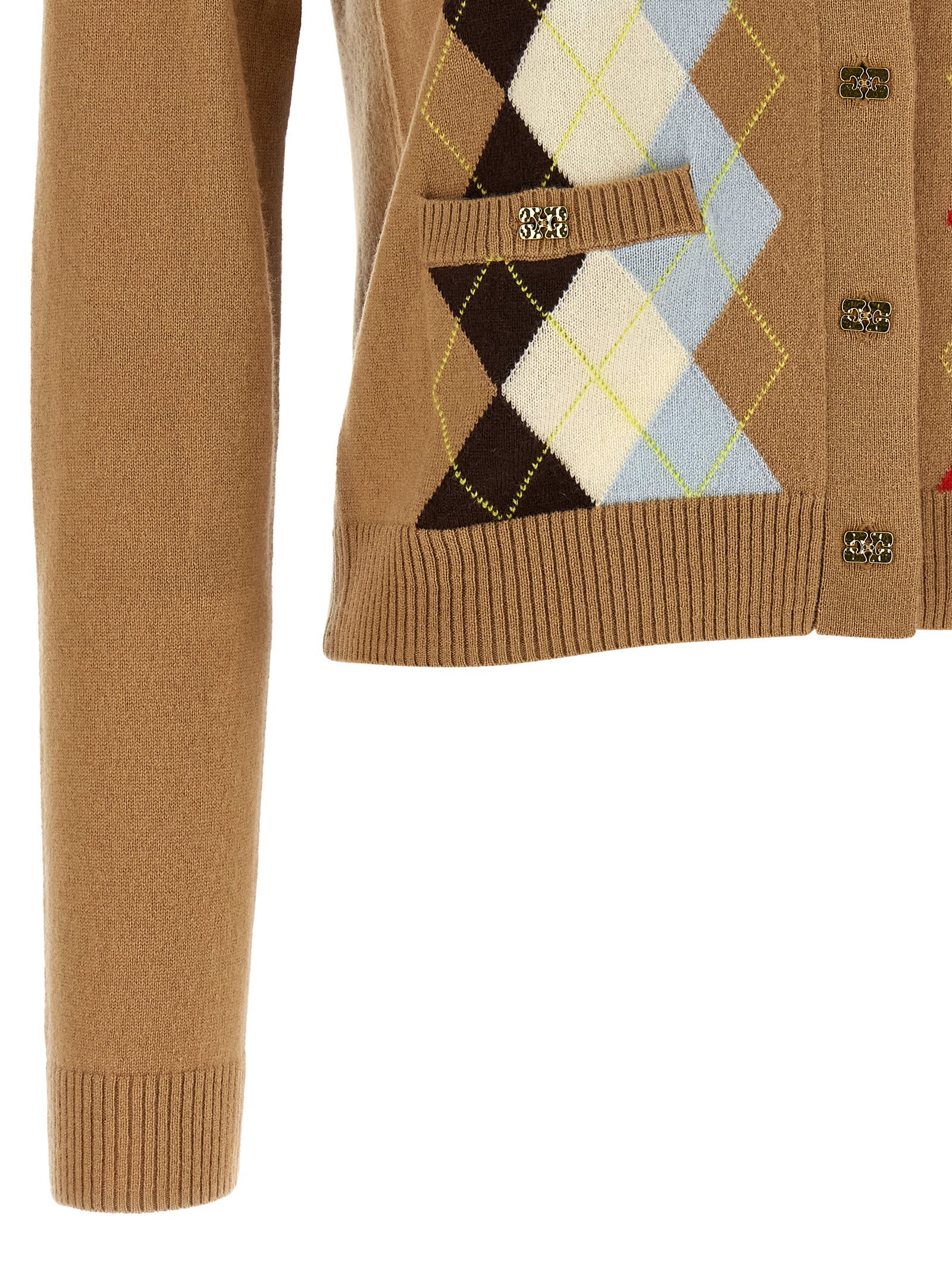 Ganni Diamond-shaped Cardigan Sweaters And Cardigans Beige In Multi