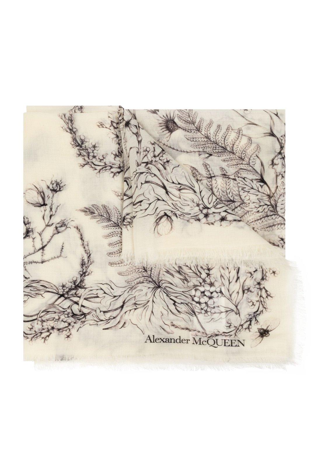 Shop Alexander Mcqueen Graphic Printed Frayed-edge Scarf In Neutrals