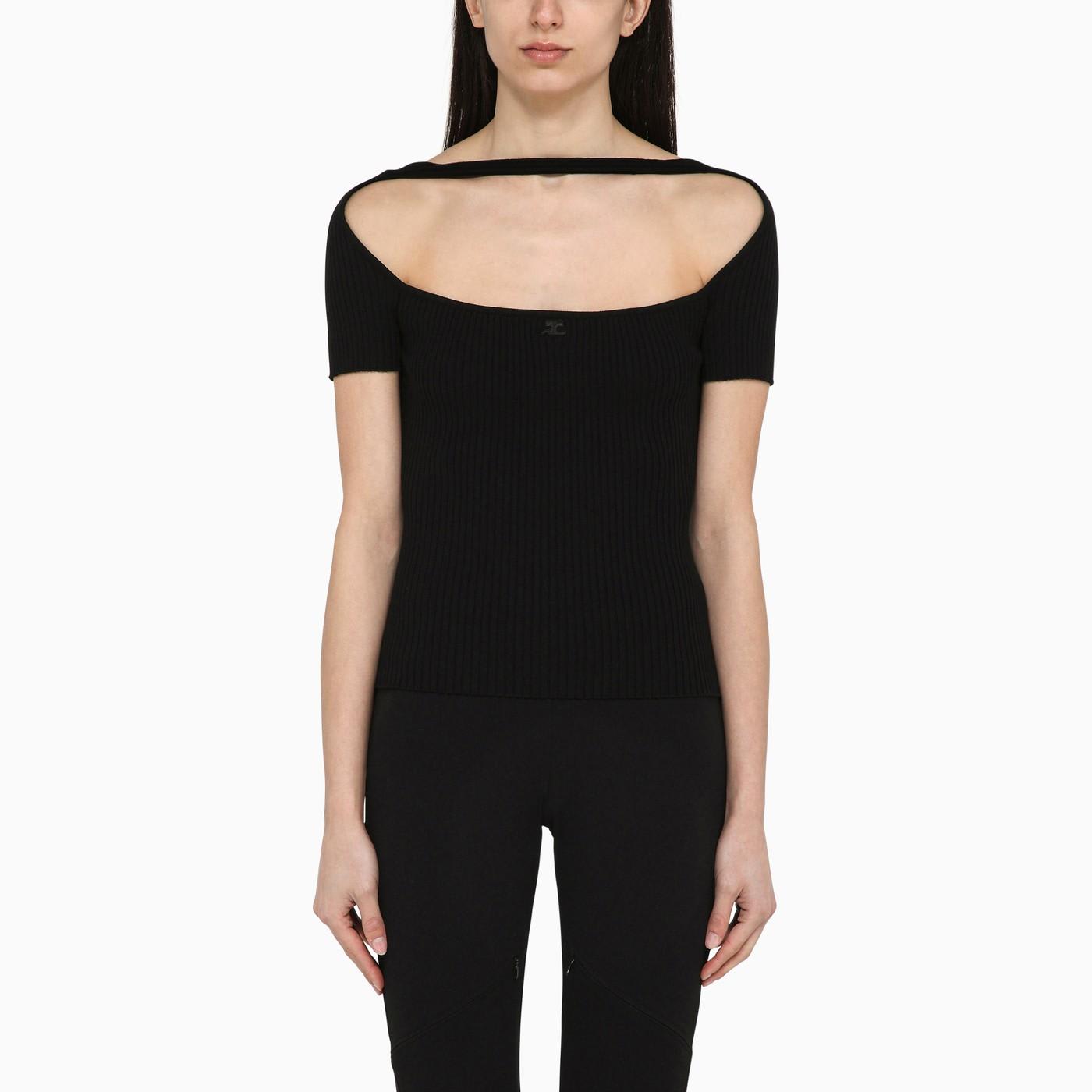 Shop Courrèges Black Viscose Blend T-shirt With Plunging Neckline In Nero