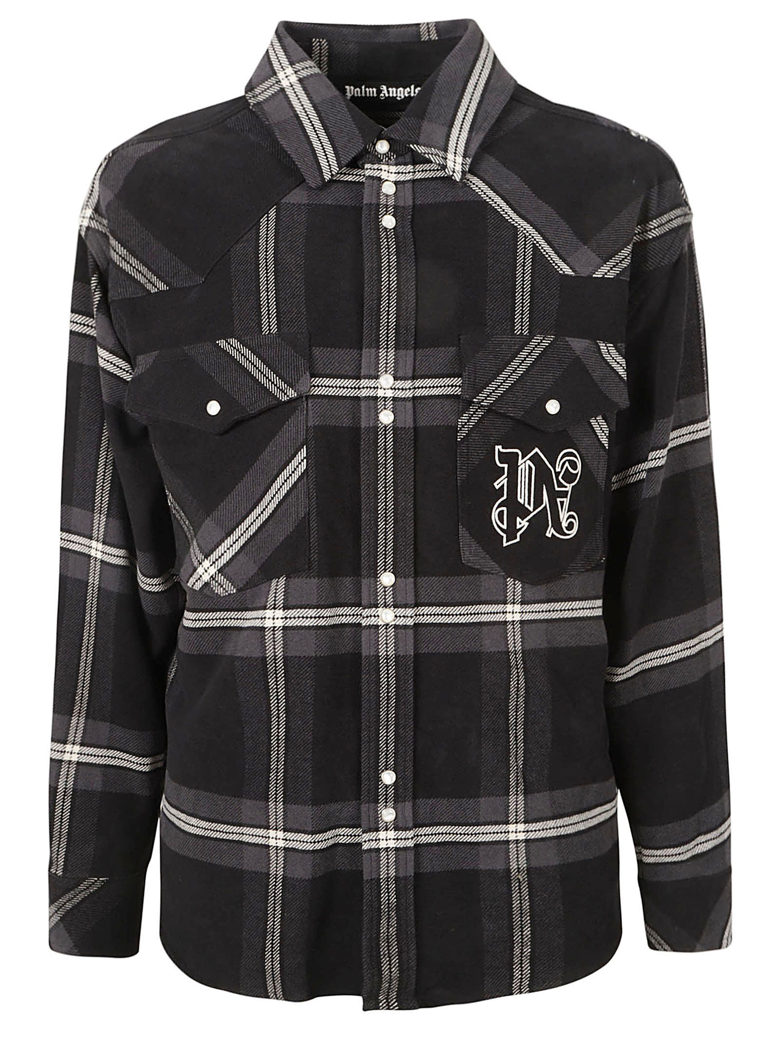 Shop Palm Angels Monogram Check Overshirt In Anthracite/off White