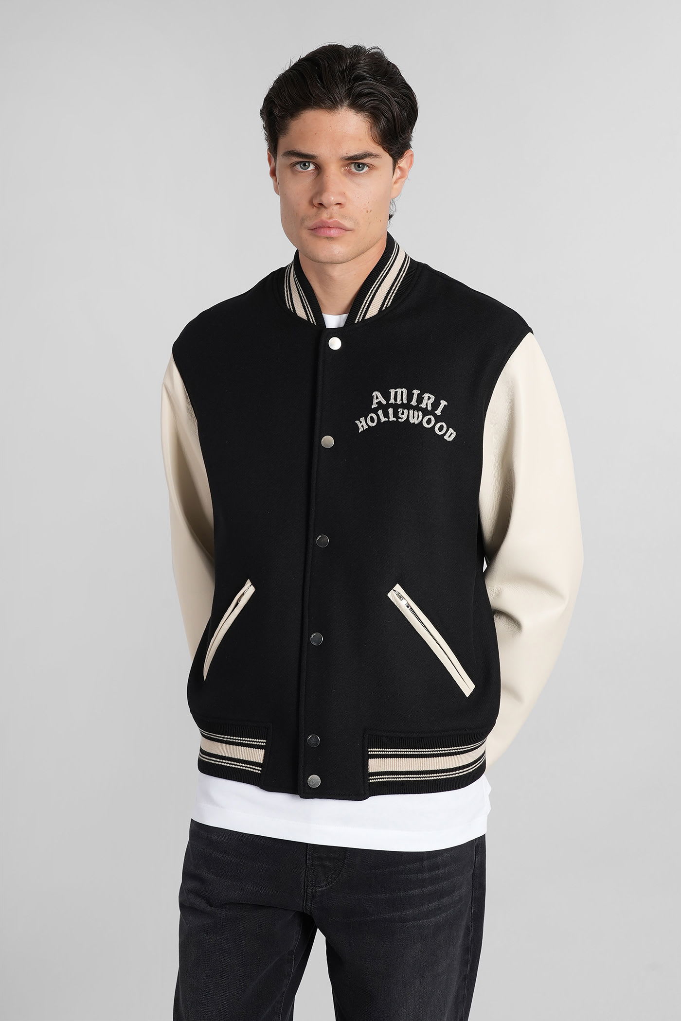 Amiri Varsity Jacket With White Contrasting Sleeves And Embroidered Detailing In Multi