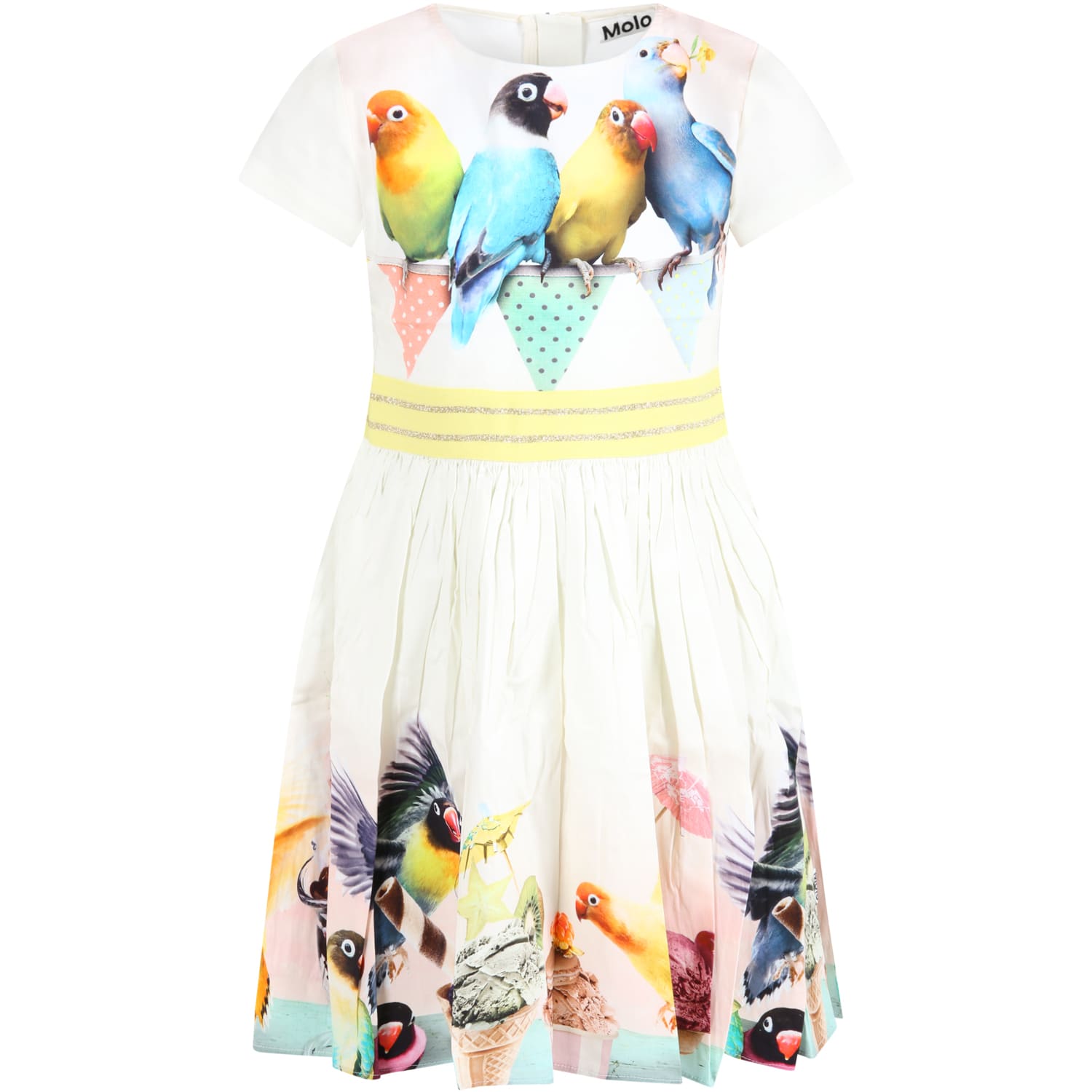 Molo White Dress For Girl With Parrots