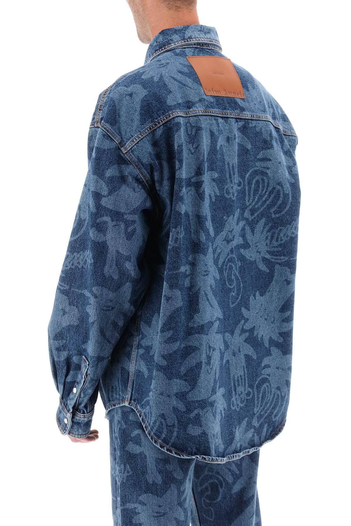 Shop Palm Angels Palmity Overshirt In Denim With Laser Print All-over In Denim Blue
