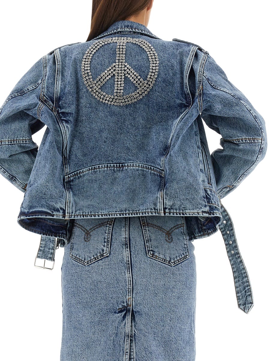 Shop M05ch1n0 Jeans Biker Peace Symbol In Blue