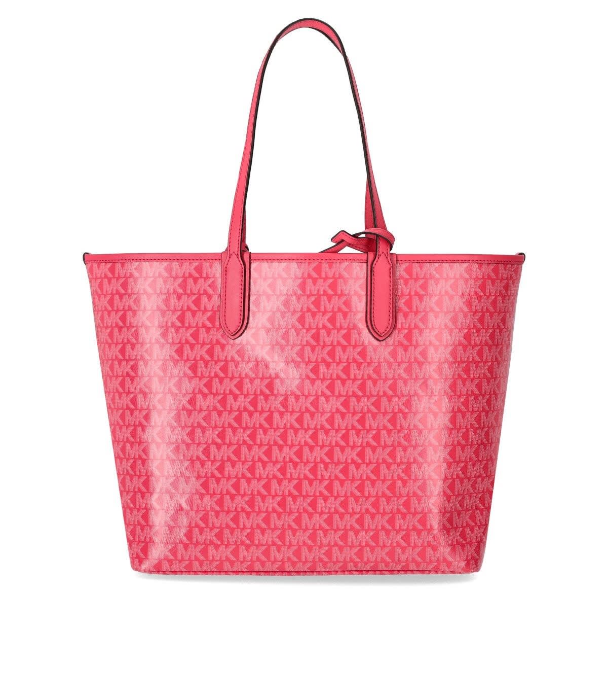 Shop Michael Kors Big Pink Tote Bag With All-over Monogram And Logo Charm In Faux Leather Woman In Fuchsia