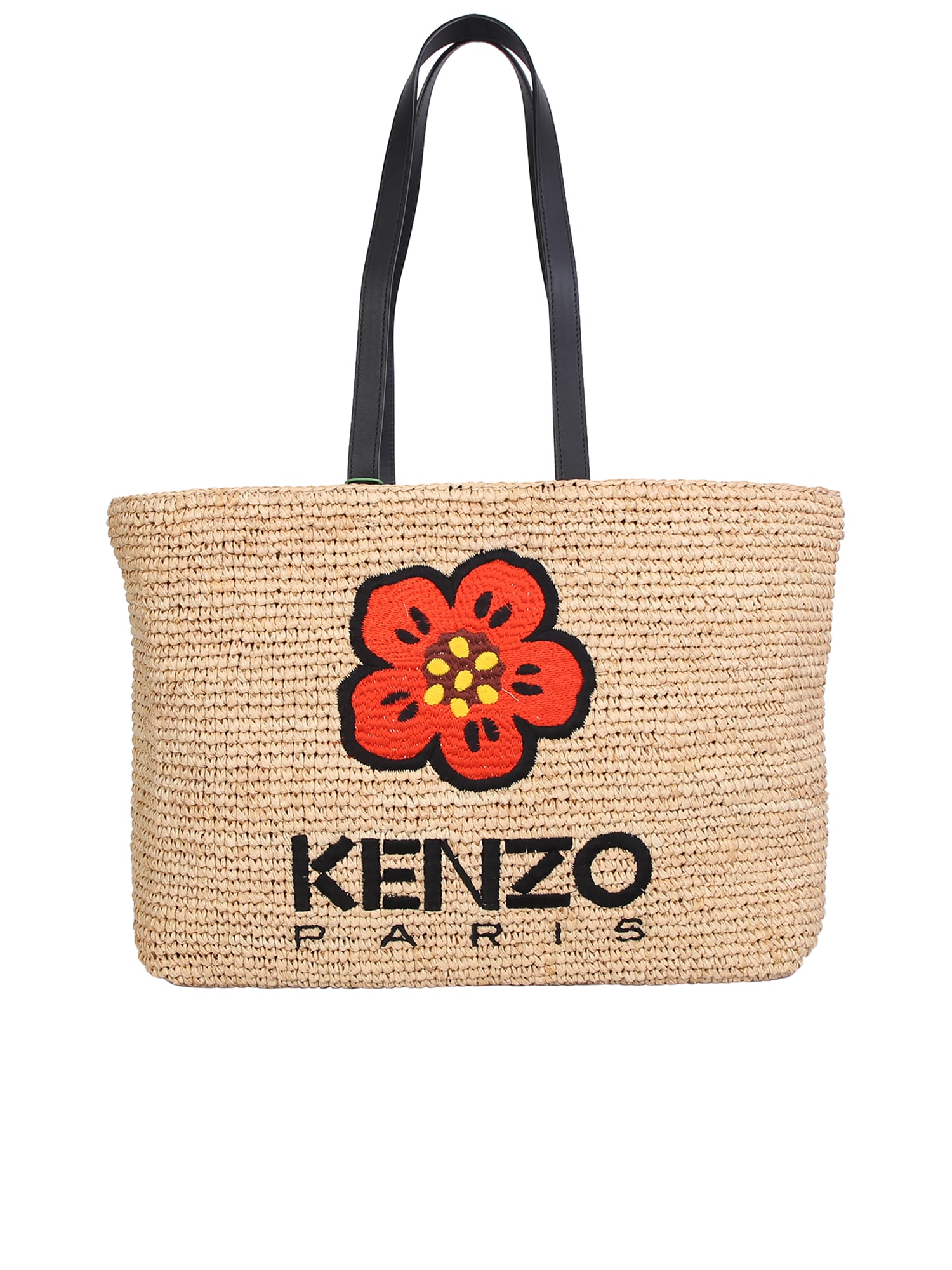 Kenzo Large Boke Flower Raffia Tote Bag In Black