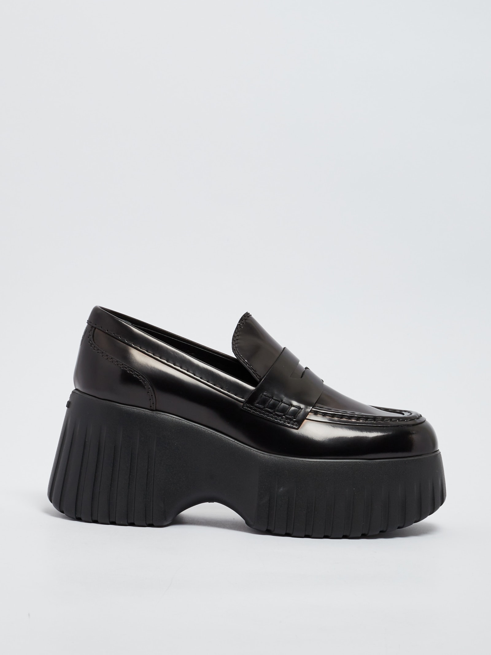 Hogan H-stripes Wedge Leather Loafers In Nero