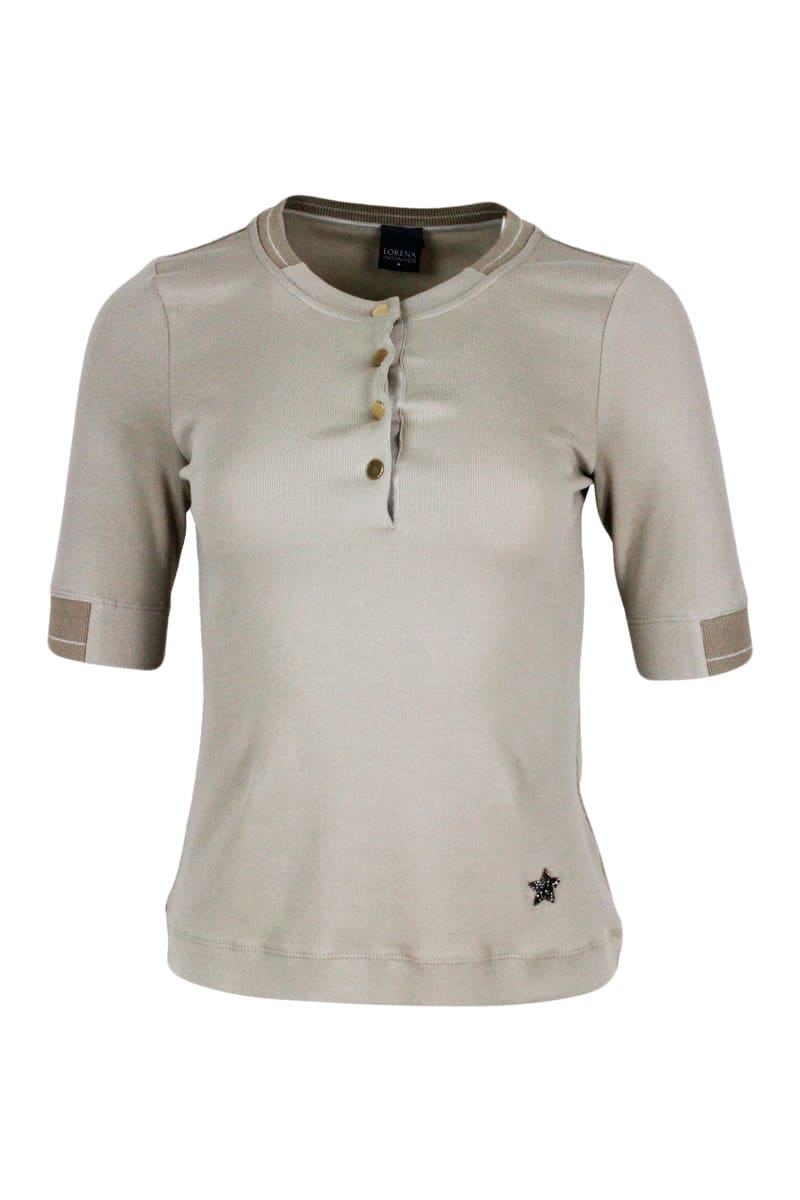 Shop Lorena Antoniazzi Short-sleeved Ribbed Crew-neck Cotton T-shirt With Button Closure And Swarosky Star In Beige