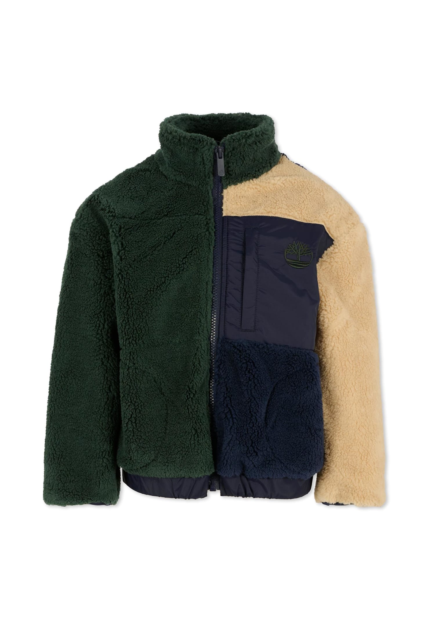 Timberland Green Faux Fur Jacket For Boy With Logo In Multi