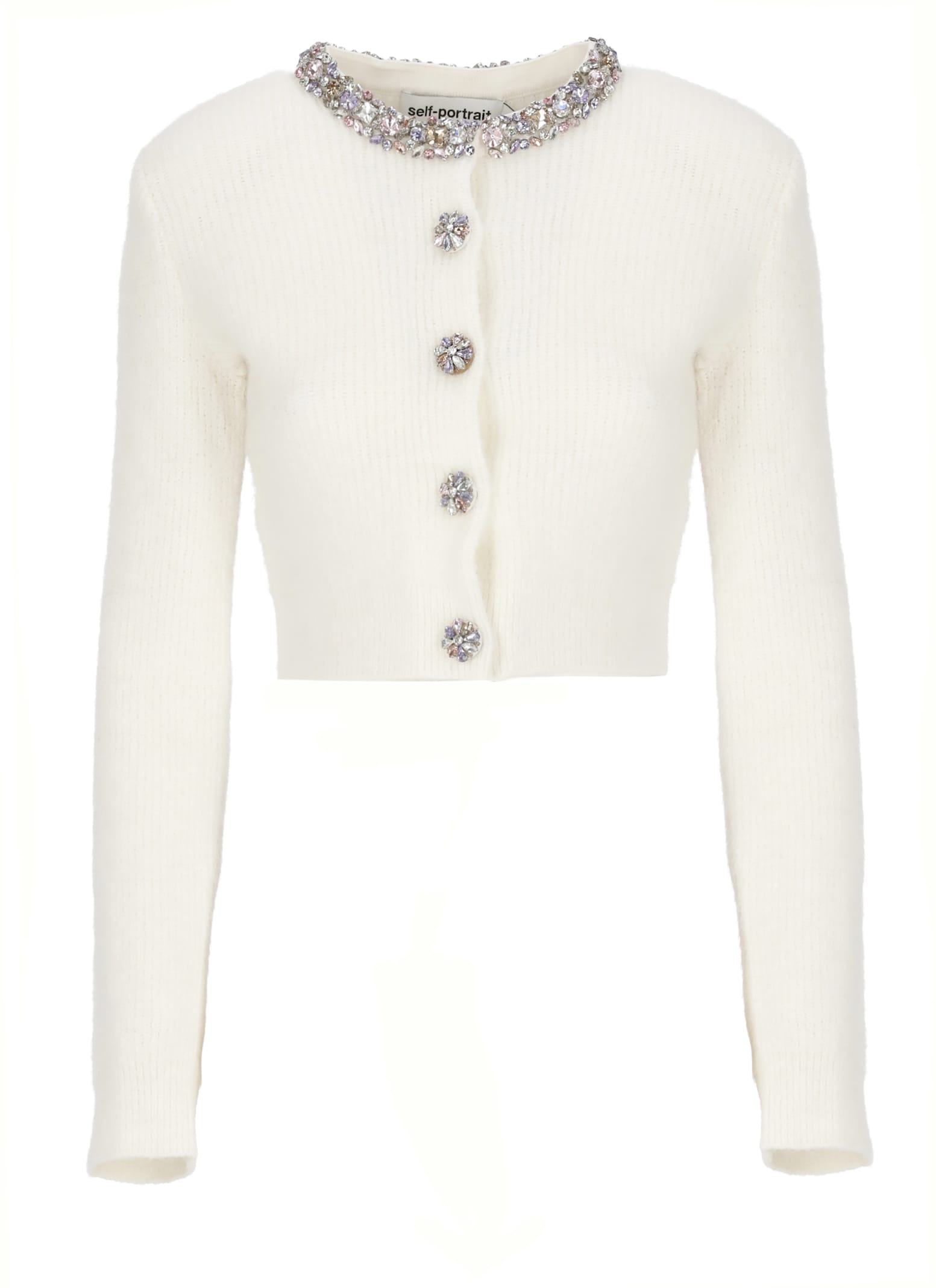 Self-portrait Strass Embellished Crew Neck Cropped Cardigan In White