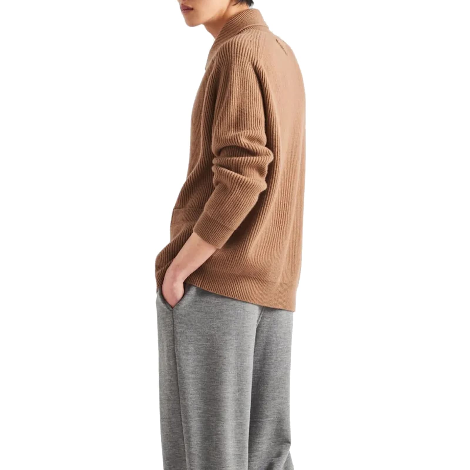 Prada Cashmere Ribbed Texture Cardigan With Patch Pockets In Brown