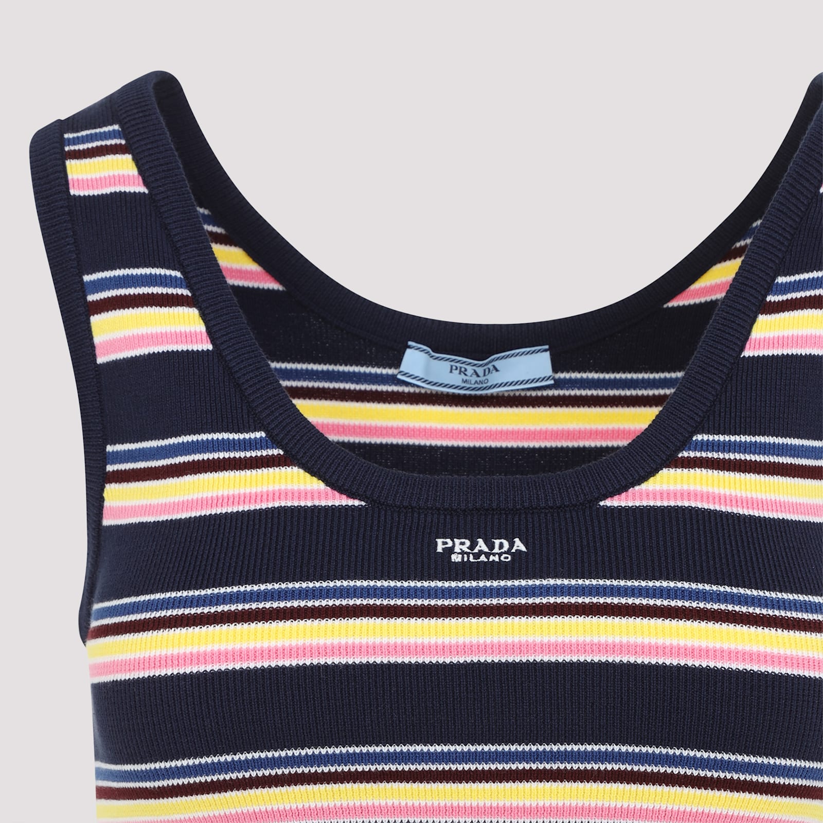 Prada Fitted Scoop Neck Top With Vibrant Striped Pattern In Bleu