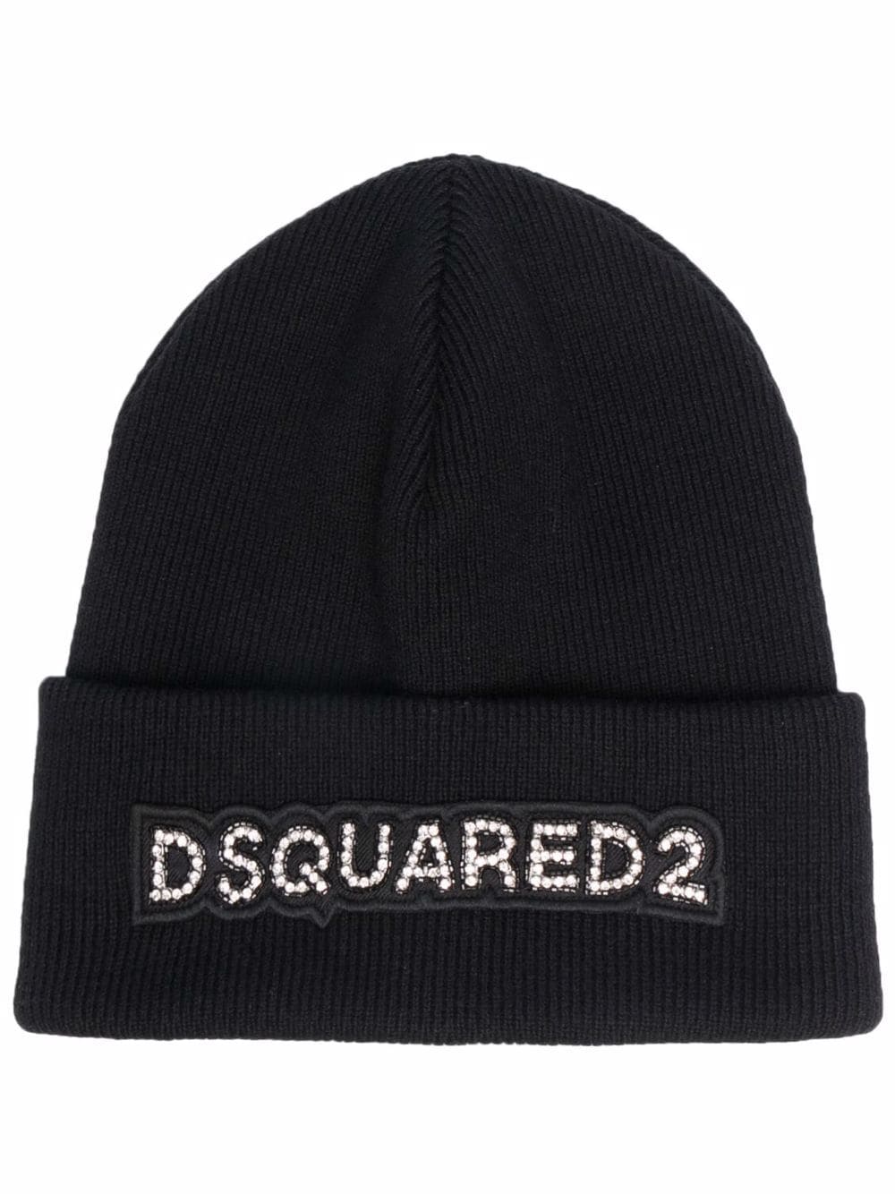 Dsquared2 Black Wool Beanie With Rhinestones Logo