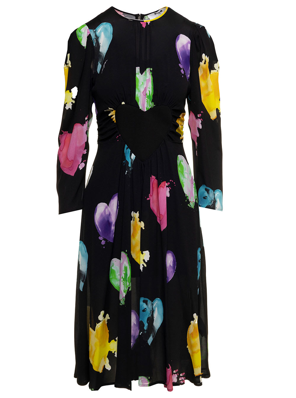 Msgm Woman Long Viscose Dress With Heart Allover Print