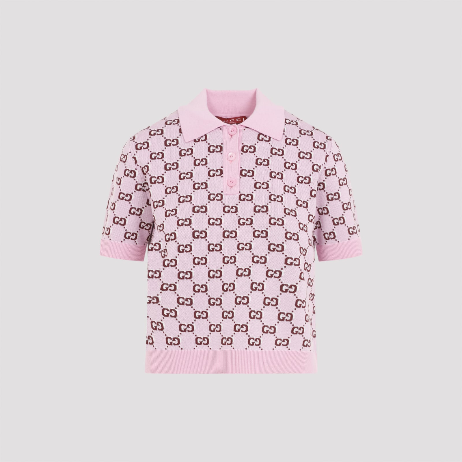 Gucci Wool Jacquard Polo Top With Gg Shadow In Pink Bordeaux Mc
