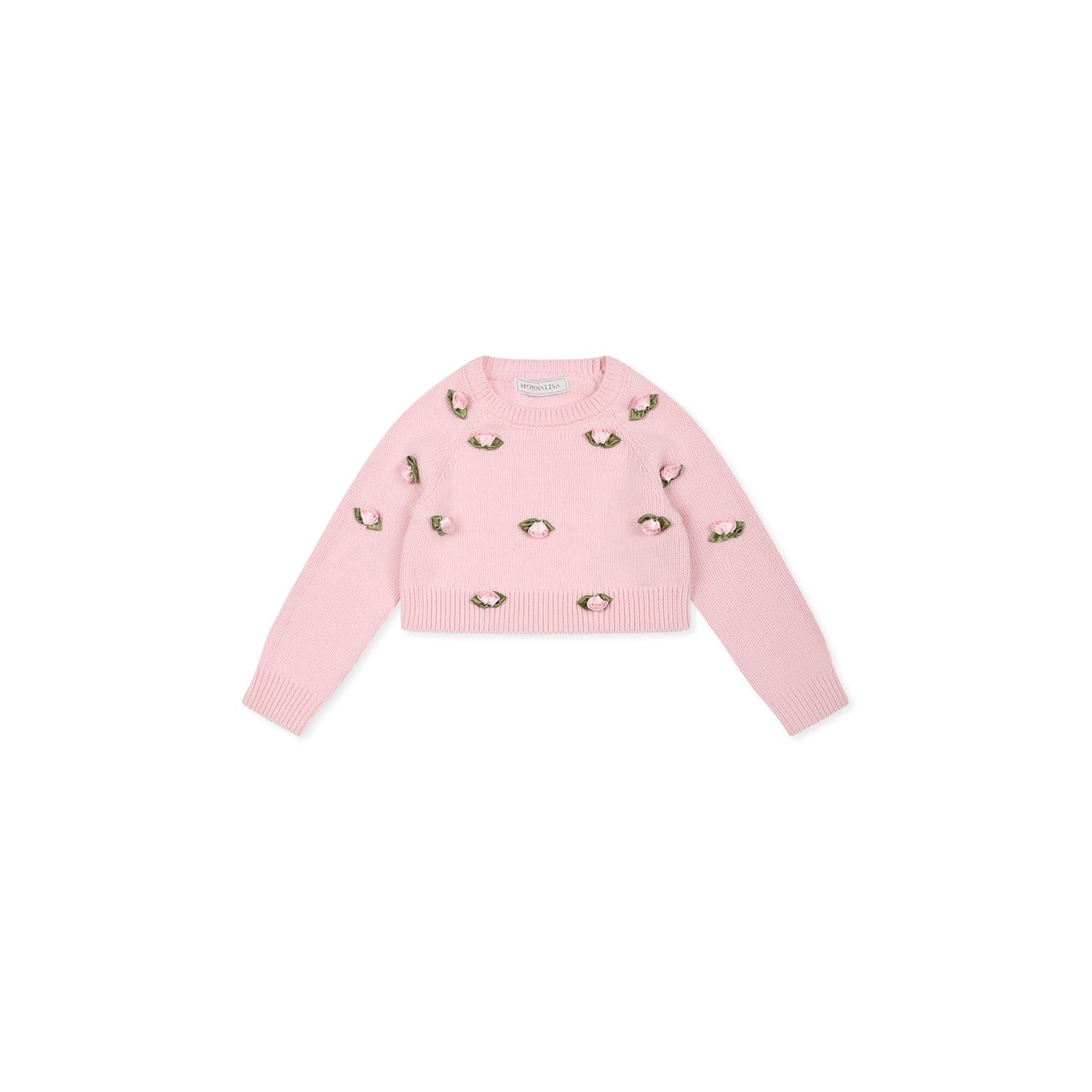 Monnalisa Pink Sweater For Baby Girl With Roses In Pink